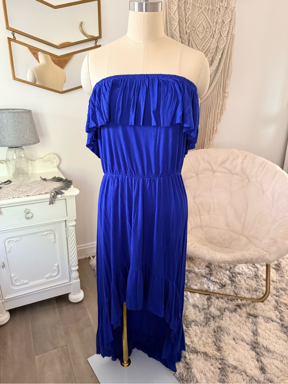 Royal Blue Strapless Ruffle High-Low Maxi Dress